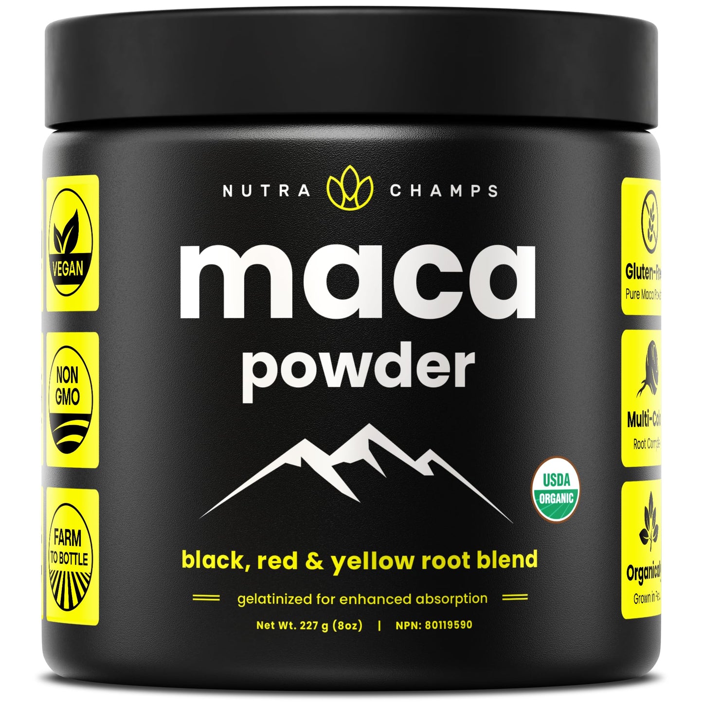 NutraChamps USDA Organic Maca Root Capsules for Women & Men, 2100mg, 180 Capsules, Black, Red & Yellow, Peruvian Maca Peruana, Extra Strength Pure Premium Gelatinized Root Powder Supplement