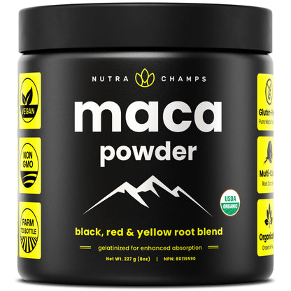 NutraChamps USDA Organic Maca Root Capsules for Women & Men, 2100mg, 180 Capsules, Black, Red & Yellow, Peruvian Maca Peruana, Extra Strength Pure Premium Gelatinized Root Powder Supplement