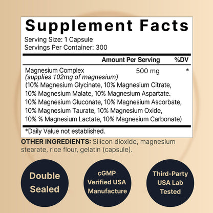 Magnesium Complex Supplement 500mg, 300 Capsules | 10 Active Forms – Glycinate