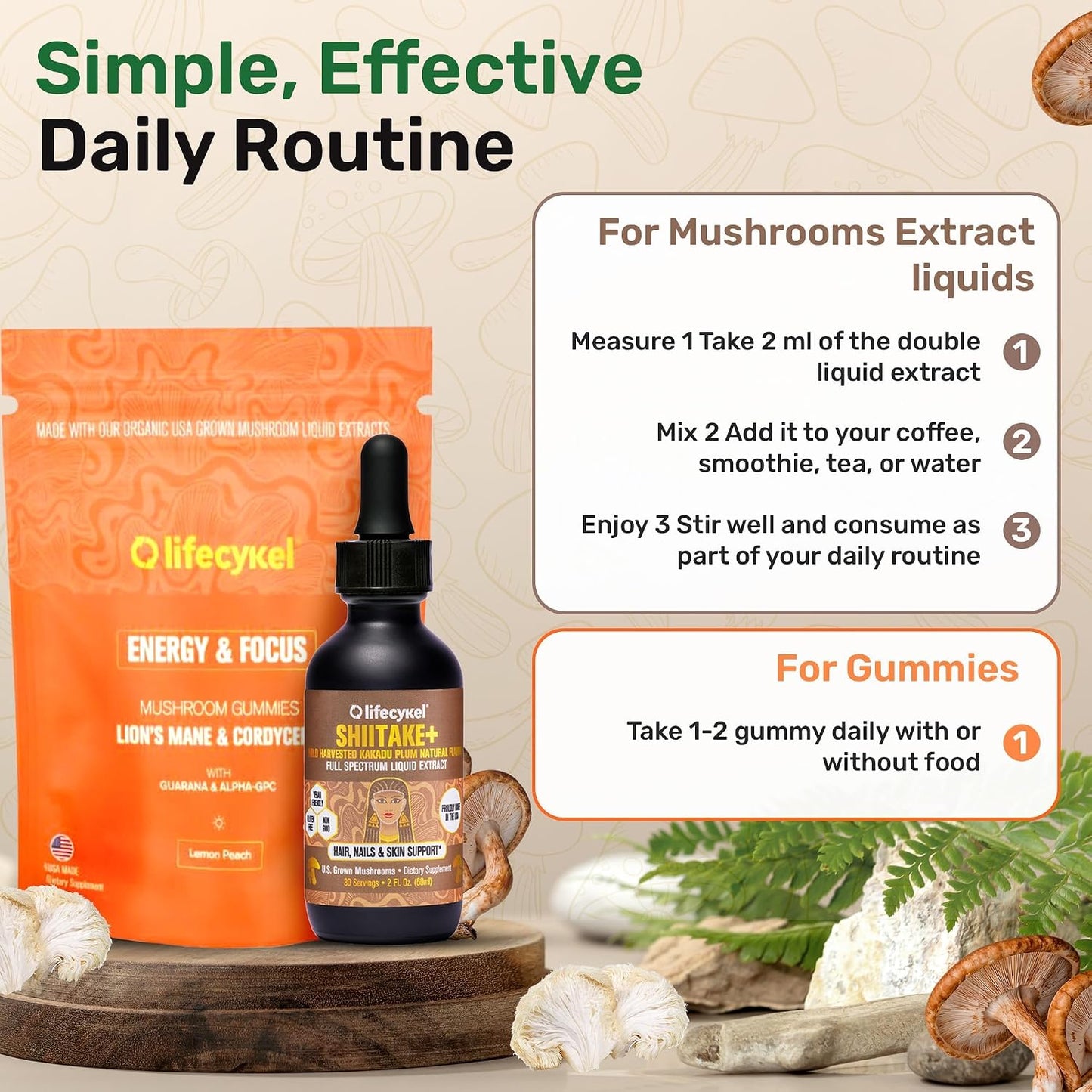 Life Cykel Premium Mushroom Extract Liquid Bundle – Lion’s Mane, Cordyceps, Reishi, Chaga, Turkey Tail & Shiitake (1oz Each) with Included Energy Gummies (10-Count), for Vitality & Mental Clarity