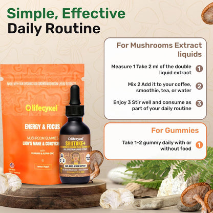 Life Cykel Premium Mushroom Extract Liquid Bundle – Lion’s Mane, Cordyceps, Reishi, Chaga, Turkey Tail & Shiitake (1oz Each) with Included Energy Gummies (10-Count), for Vitality & Mental Clarity