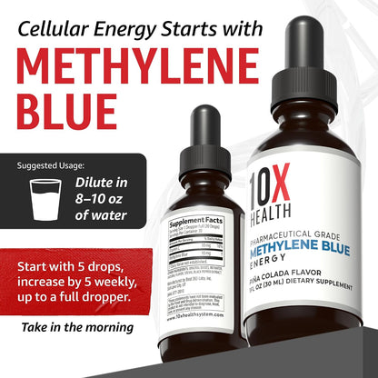 10X Health Methylene Blue Drops - 30ml Drops | Focus Support Supplement: With Black Pepper Extract, Energy Support, Vegan, Non-GMO, 30ml
