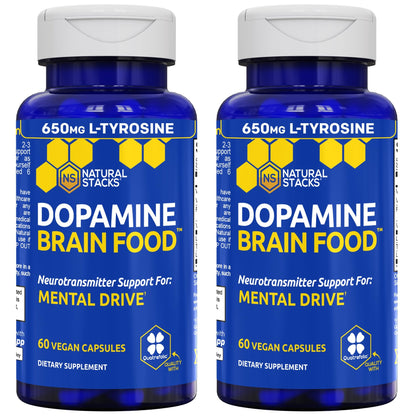 Dopamine Brain Food, Focus & Mental Drive Support with L-Tyrosine, 60 Count | 650mg Tyrosine Supplement with Vitamin B & C - Neurotransmitter Support for Mental Drive & Motivation - Natural Stacks