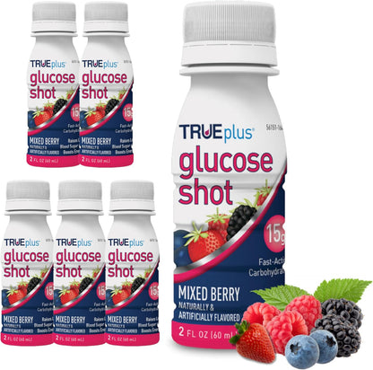 TRUEplus Glucose Shot, 15g Carbohydrates, Mixed Berry Flavor, 6 Pack | 15g Fast-Acting Carbohydrates, Fat Free, Gluten Free, Boosts Energy, Great Tasting and Easy to Use