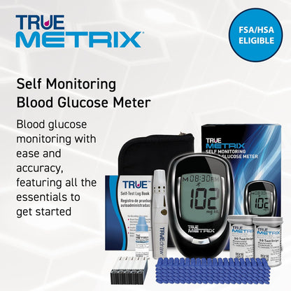 TRUE METRIX Meter Kit, Glucose Monitor, Supplies, Log Book, Solution | Includes Blood Glucose Meter, Case, 100 Test Strips, 100 Lancets, Lancing Device, Control Solution, Log Book