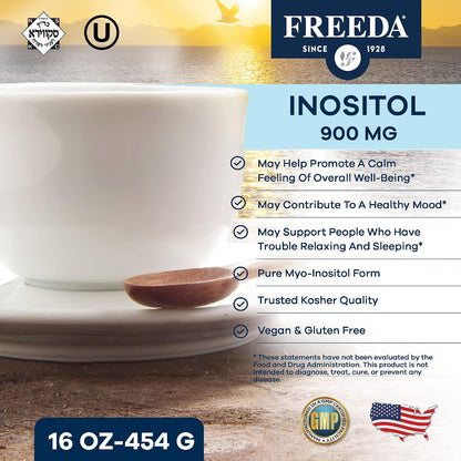 FREEDA Pure Myo-Inositol Powder – Vitamin B8 for Hormone, Mood & Cellular Health – Supports Fertility, Focus, Energy & Nervous System Function – Kosher, Vegan, Non-GMO, Gluten-Free (16 oz) | One-Ingredient Formula with No Fillers, Sweeteners, or Additives