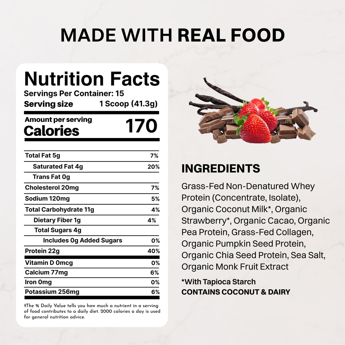 JUST INGREDIENTS Vanilla Bean Protein Powder – 20-Serving Blend with 100% Grass-Fed Whey & Organic Plant Proteins – Real Vanilla Bean & Cinnamon – Supports Muscle Recovery, Energy*