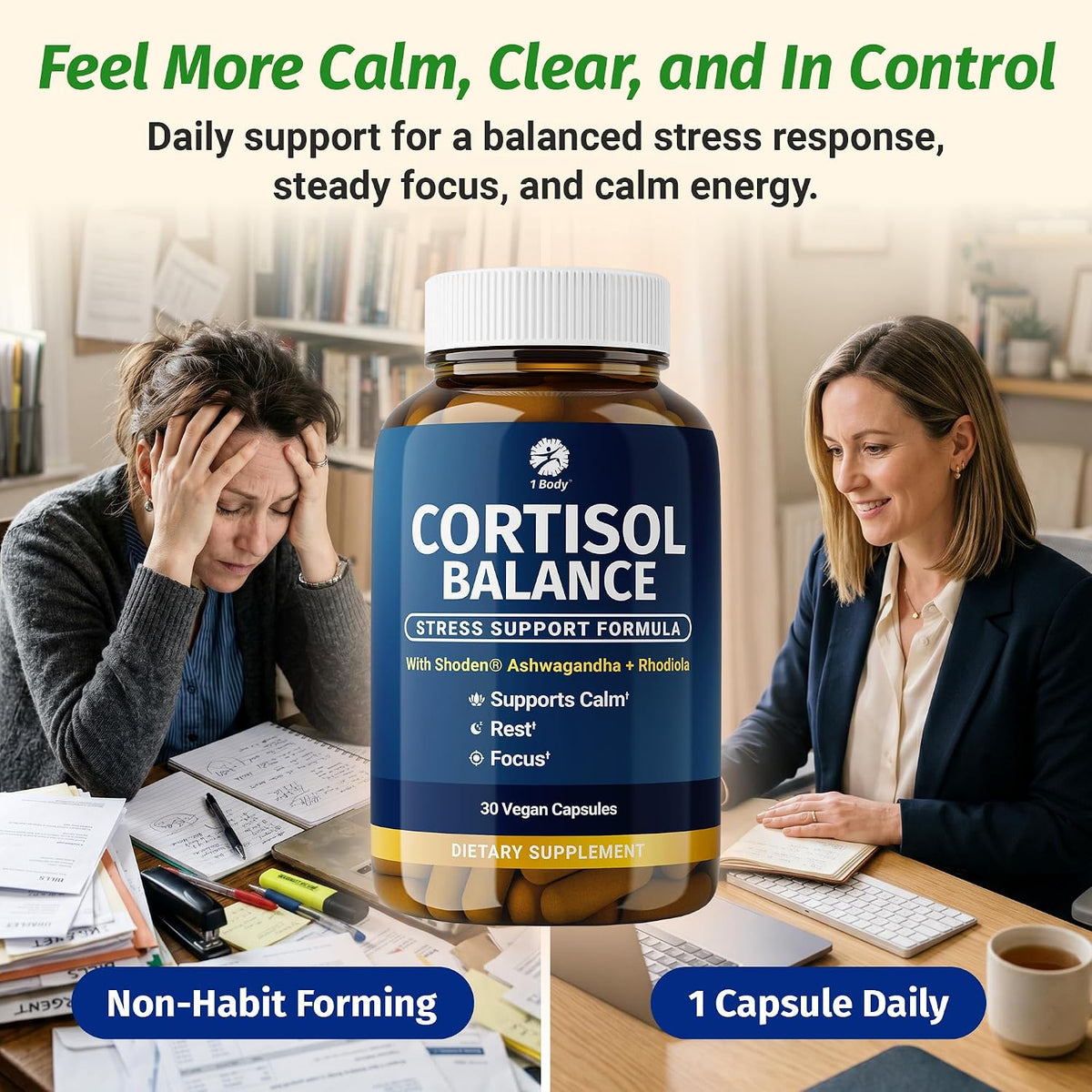 1 Body Cortisol Support with Ashwagandha & Saffron, 30 Vegan Capsules