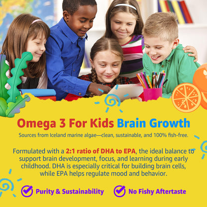 Kids Multivitamin Gummies with Iron, Sugar Free, Kids Daily Vitamins + Probiotics, Algae Omega 3 (EPA/DHA), A, C, D, Methyl B12, Folate, B6, Zinc, Biotin, for Healthy Growth, Immune Support, 60 Count