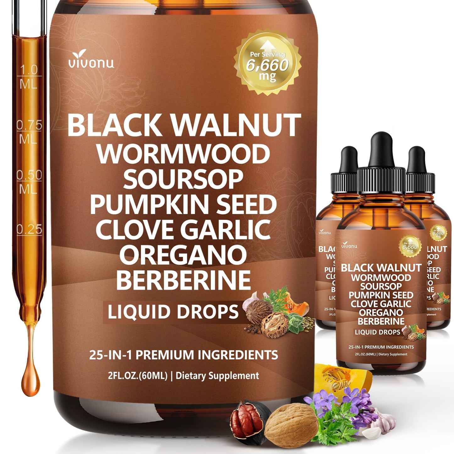 25-in-1 Black Walnut Wormwood Tincture for Liposomal, Cleanse for Humans Drops Liquid with Soursop, Garlic, Pumpkin Seed, Berberine, Oregano, Turmeric, Echinacea, Cinnamon, Fennel Seed Extract