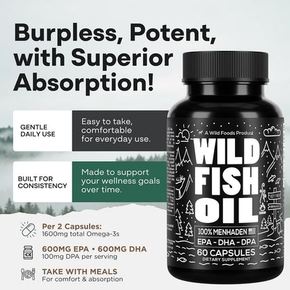 Wild Foods Fish Oil Omega 3 Supplements | 1600 mg | Highly-Potent: DPA, DHA, EPA | Burpless, Odorless, Non-GMO, Gluten Free | For Brain & Heart Health, Joint Support | 60 Capsules (1 pk) | 30 Servings