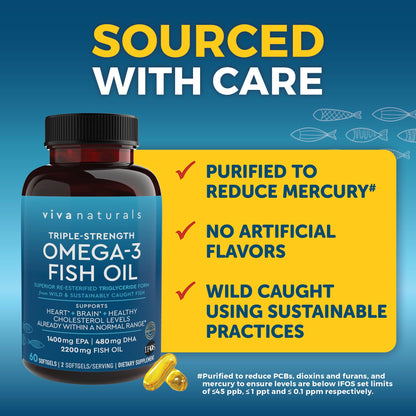 Viva Naturals Triple Strength Omega 3 Fish Oil Supplement - 2200 mg Wild Caught