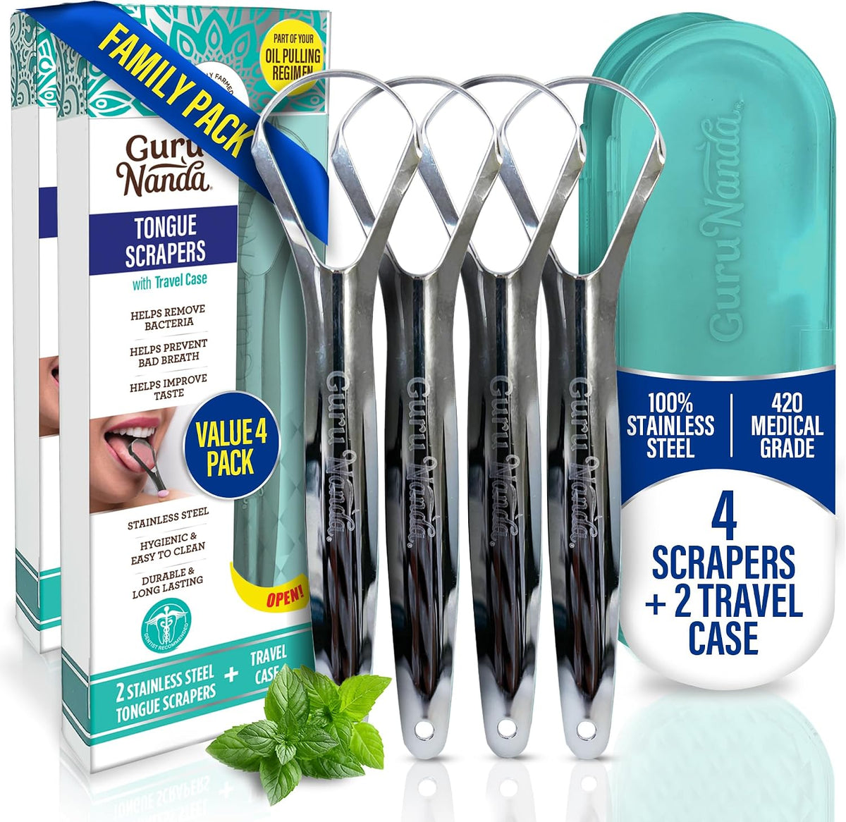 GuruNanda Tongue Scraper for Adults, Bad Breath Treatment, Gag Free, 4 ct