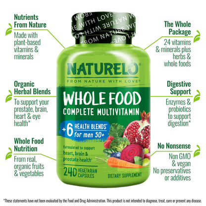NATURELO Whole Food Multivitamin for Men 50+ - with Vitamins, Minerals, Organic Herbal Extracts - Vegan Vegetarian - for Energy, Brain, Heart and Eye Health - 120 Capsules