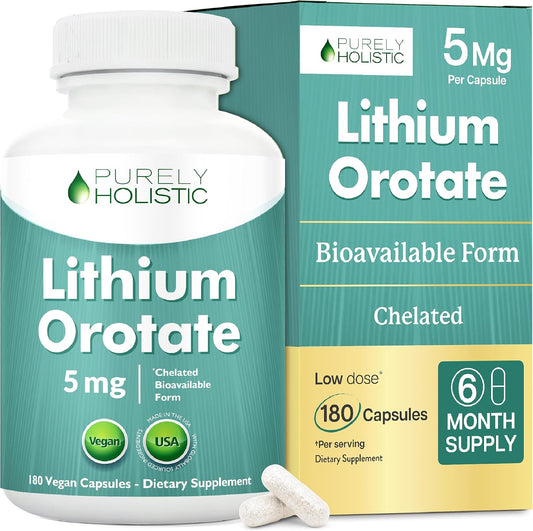 Lithium Orotate 5mg, Mood and Emotional Balance Support, 6 Month Supply | Highly-Bioavailable Chelated Form, Low Dose Lithium Supplements for Cognitive Health & Calm Support, Vegan, 180 Capsules