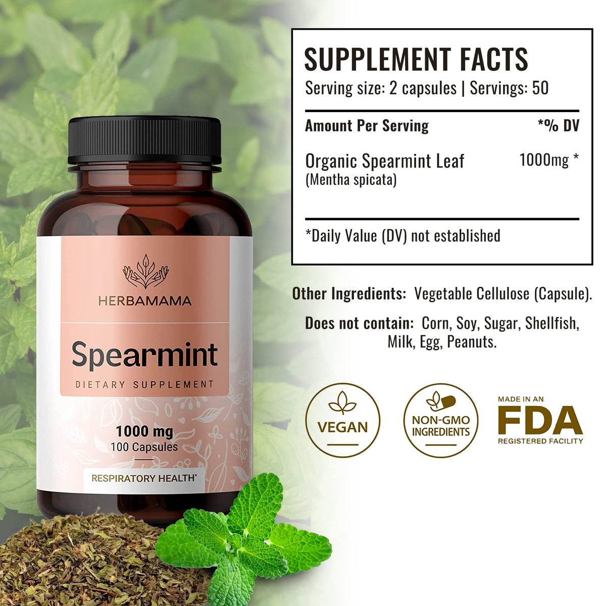 Spearmint 100 Capsules - 1000 mg - Organic Mentha Spicata Dietary Daily Supplement