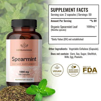 Spearmint 100 Capsules - 1000 mg - Organic Mentha Spicata Dietary Daily Supplement