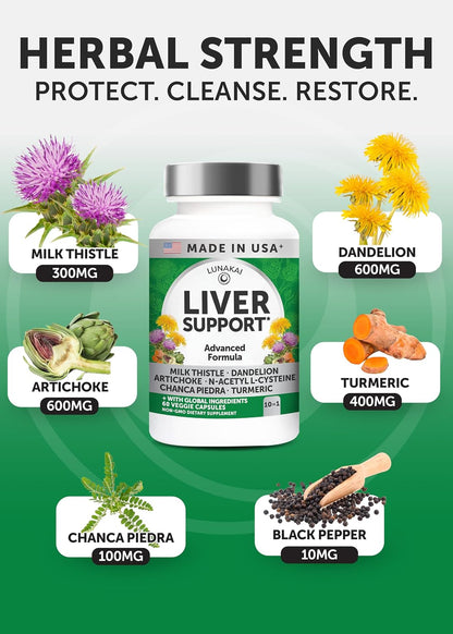 Lunakai USA Made Liver Cleanse Detox & Repair - 10-in-1 with Milk Thistle & NAC – Liver Support Supplement Capsules for Men & Women, Daily Health, Non-GMO, 60ct
