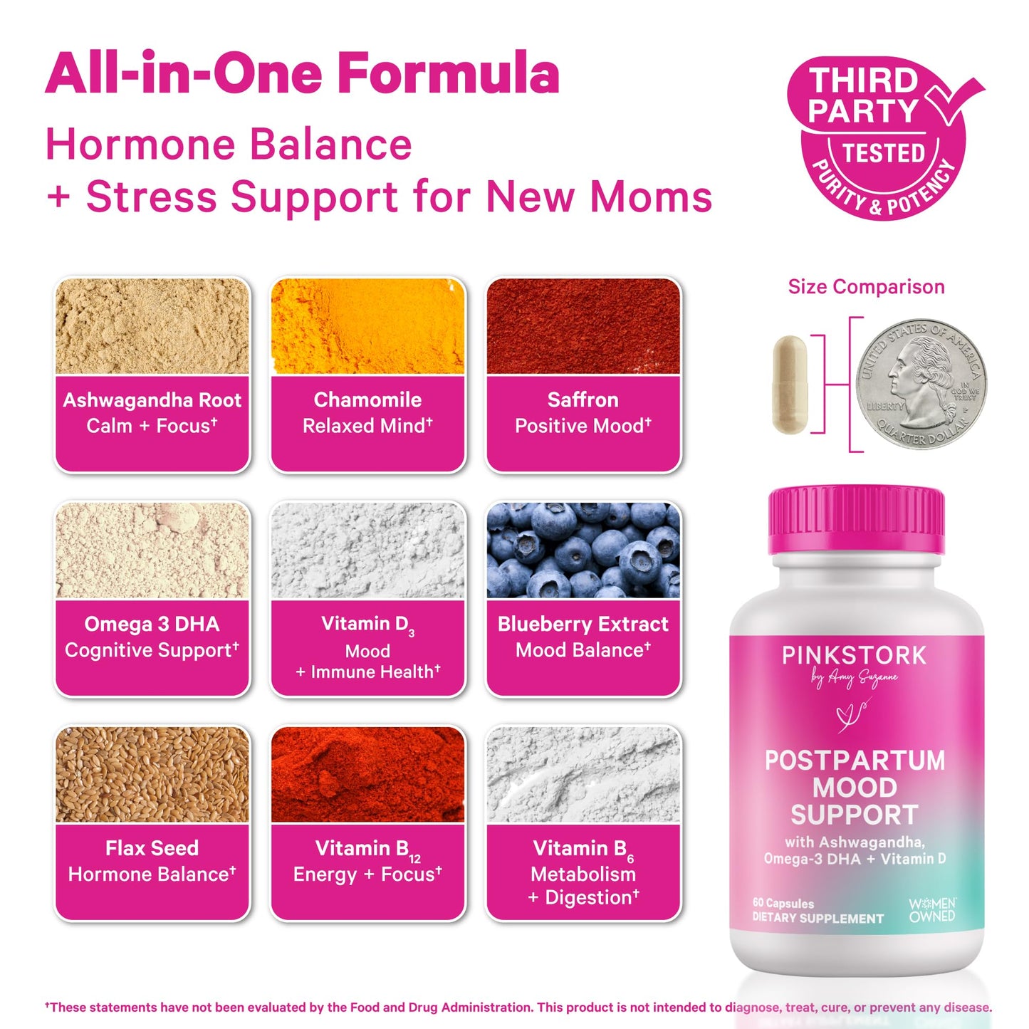 Pink Stork Postpartum Mood Support, 30-Day Supply | Postnatal Supplement for Women, Breastfeeding Friendly, Ashwagandha, Saffron, DHA, Methylated B12, Stress & Cognitive Support