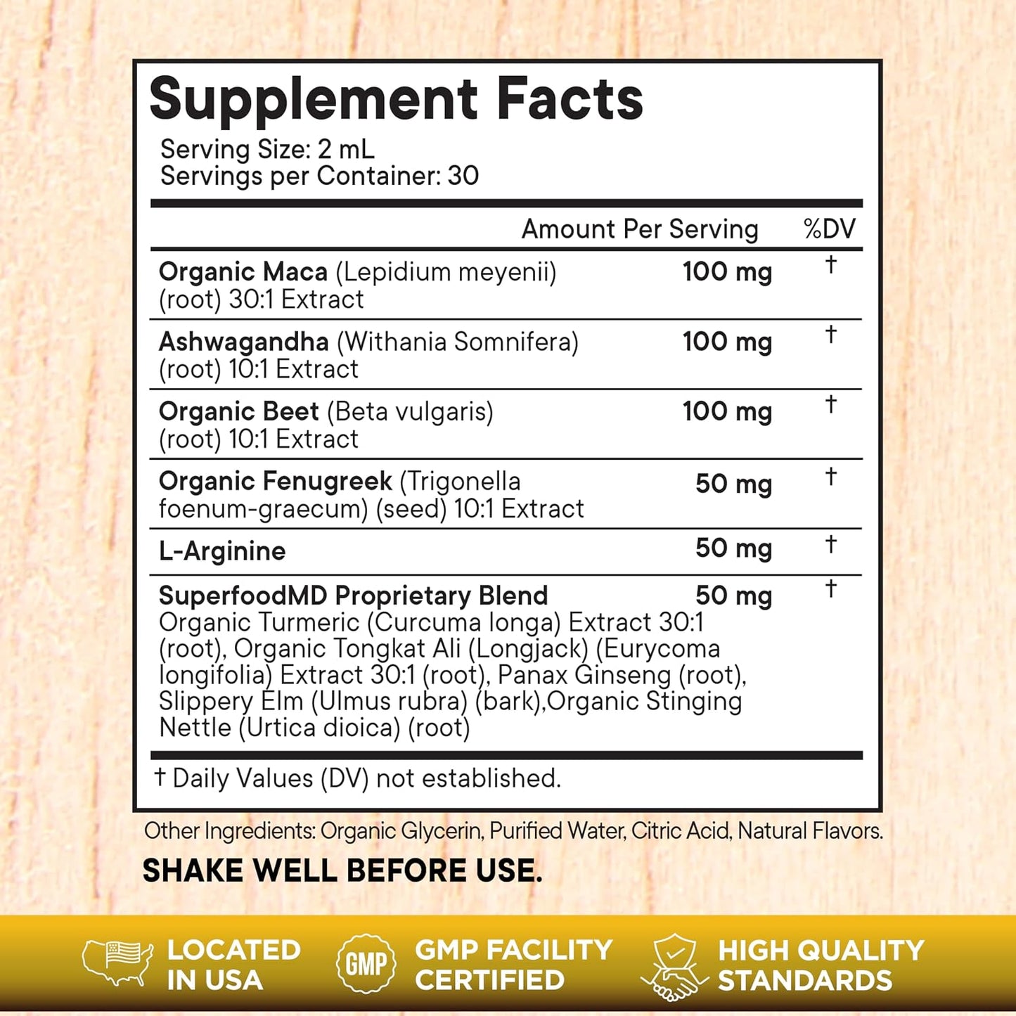 Superfood MD Maca Root Liquid Drops with Ashwagandha, Nettle, Fenugreek, Beet Root and L-Arginine Liquid Multivitamin for Women and Men - 8 Oz