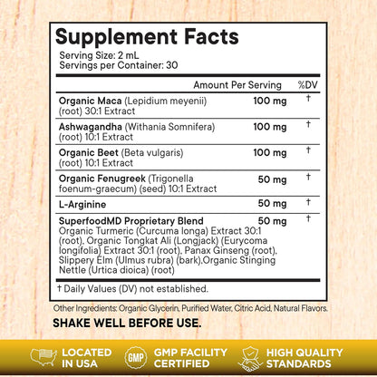 Superfood MD Maca Root Liquid Drops with Ashwagandha, Nettle, Fenugreek, Beet Root and L-Arginine Liquid Multivitamin for Women and Men - 8 Oz