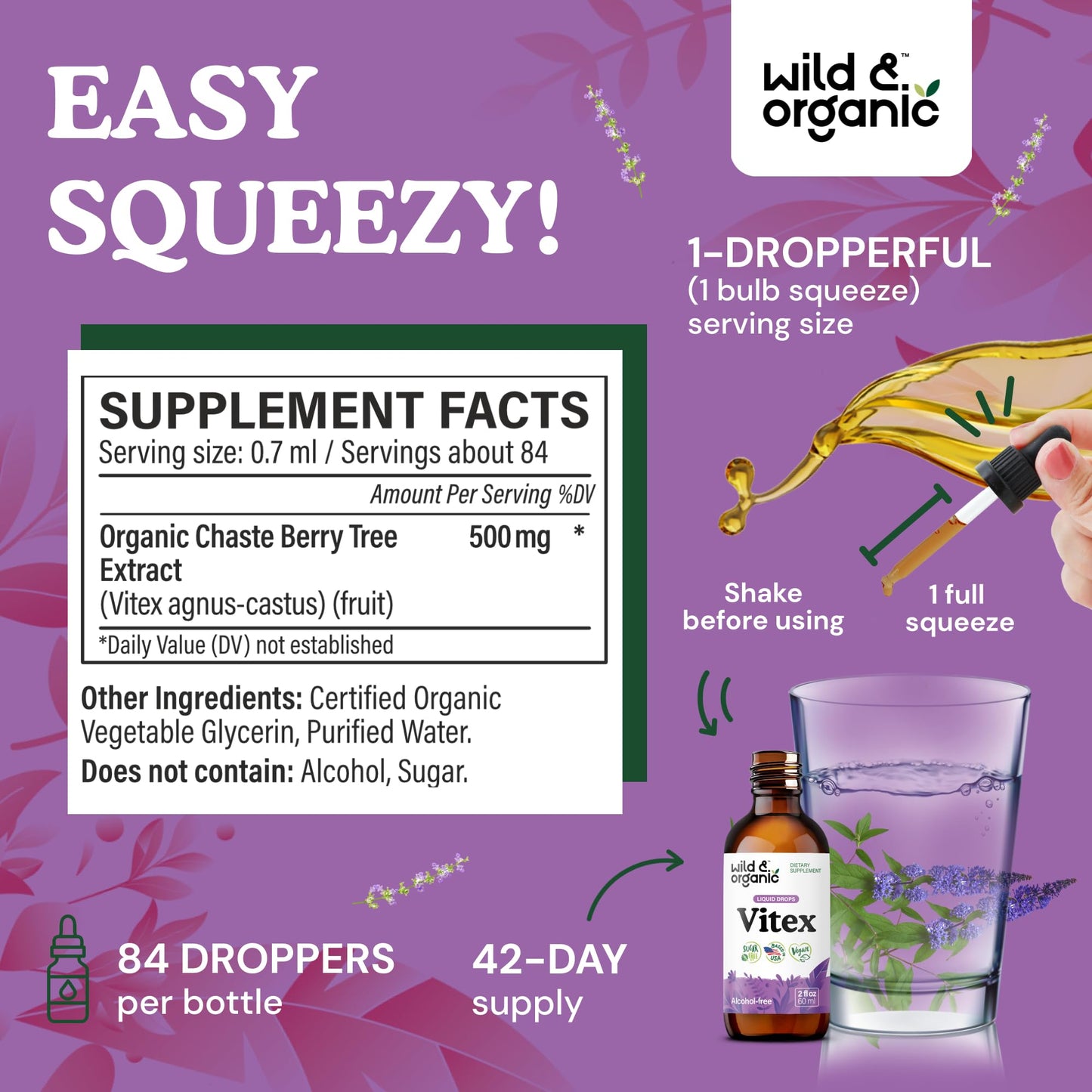 Wild & Organic Vitex Tincture - Mood & Perimenopause Support - Vitex Chasteberry Supplement for Women - Liquid Chaste Tree Berry Extract - Vegan, Sugar & Alcohol-Free Herb Drops - 4 fl oz
