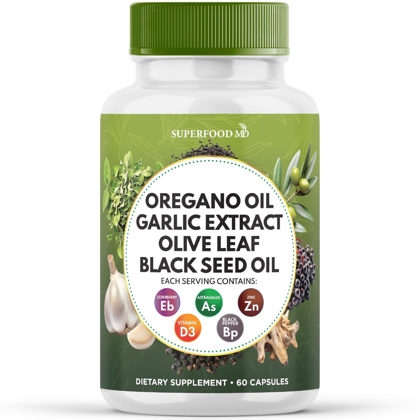 Superfood MD Oregano Oil Garlic Extract Olive Leaf Black Seed Oil Astragalus- for Women and Men- 60 Count