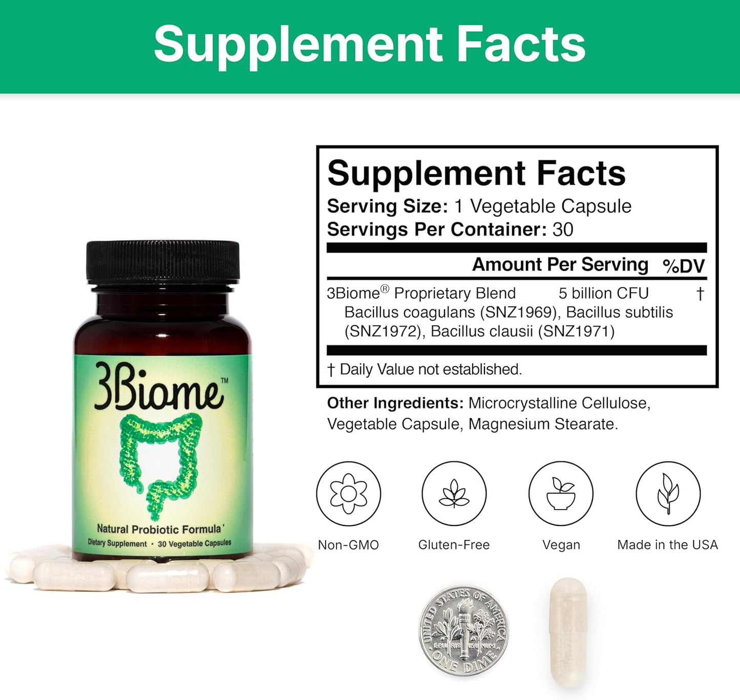 3Biome Natural Probiotic Supplement for Gut Health, Vegan, Gluten-Free | With Smart Probiotics to Improve Digestion and Regularity While Easing Gas, Bloating, and Stomach Discomfort, 30-Day Supply