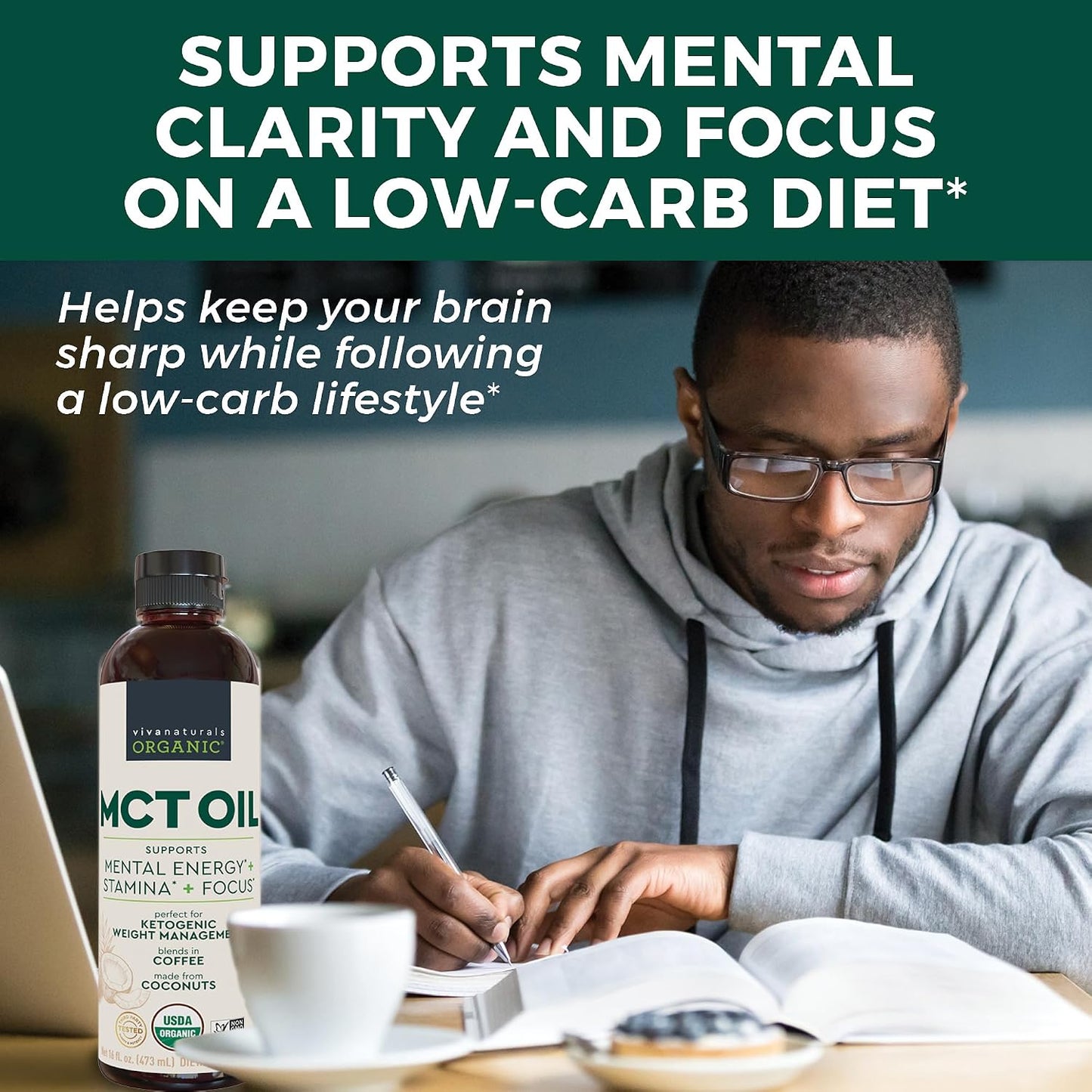 Viva Naturals Organic MCT Oil, 16 fl oz – MCT Oil for Coffee, USDA Organic, Non-GMO, Paleo Certified & Keto Friendly, Supports Energy & Mental Clarity