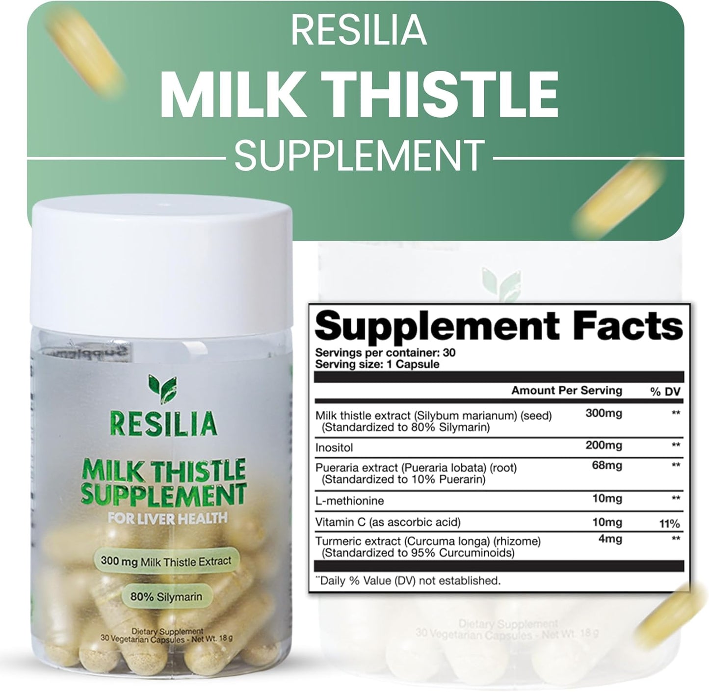Resilia Milk Thistle Silymarin – 300 mg Supplement with Vitamin C, Inositol, Pueraria Root & Turmeric Extract, High-Absorption Antioxidant-Focused Plant Formula, 30 Vegetarian Capsules