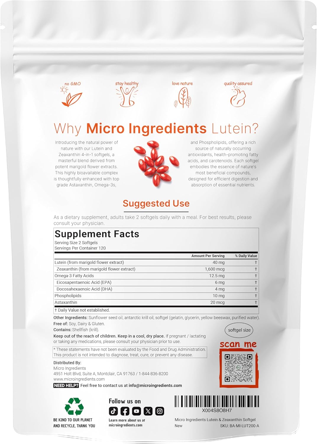 Micro Ingredients Lutein & Zeaxanthin 40mg Softgels, 240 Count, with Astaxanthin, Omega-3s, & Phospholipids | Eye + Vision Health Vitamins | Third Party Tested, Non-GMO, Gluten Free
