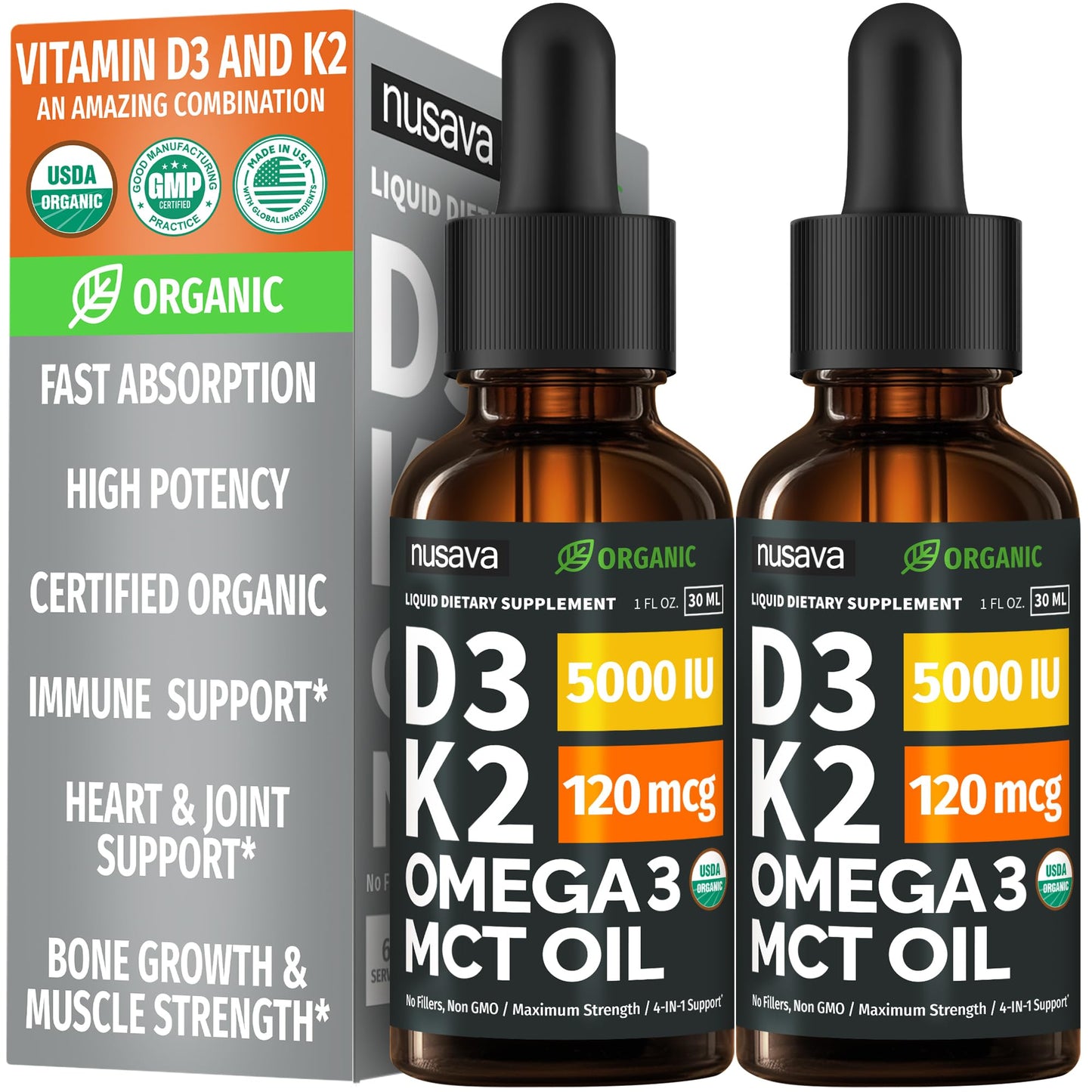 (2 Pack) Organic Vitamin D3 K2 Drops with MCT Oil & Omega 3 - Liquid Vitamin D3 5000 IU - K2 D3 Vitamin Supplement - Vitamin D Drops for Women & Men - No Fillers, Non-GMO, GMP, Unflavored (2 Fl Oz)