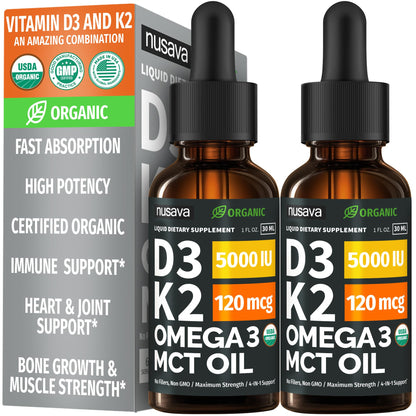 (2 Pack) Organic Vitamin D3 K2 Drops with MCT Oil & Omega 3 - Liquid Vitamin D3 5000 IU - K2 D3 Vitamin Supplement - Vitamin D Drops for Women & Men - No Fillers, Non-GMO, GMP, Unflavored (2 Fl Oz)