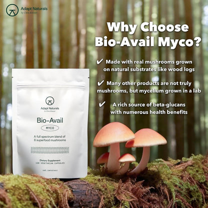 Adapt Naturals Bio-Avail Myco, 8-in-1 Superfood Mushroom Supplement Complex | Lions Mane, Chaga, Cordyceps, Reishi, Shiitake, Tremella, Turkey Tail, Maitake - Immune & Cognitive Function - 30 Day Supply