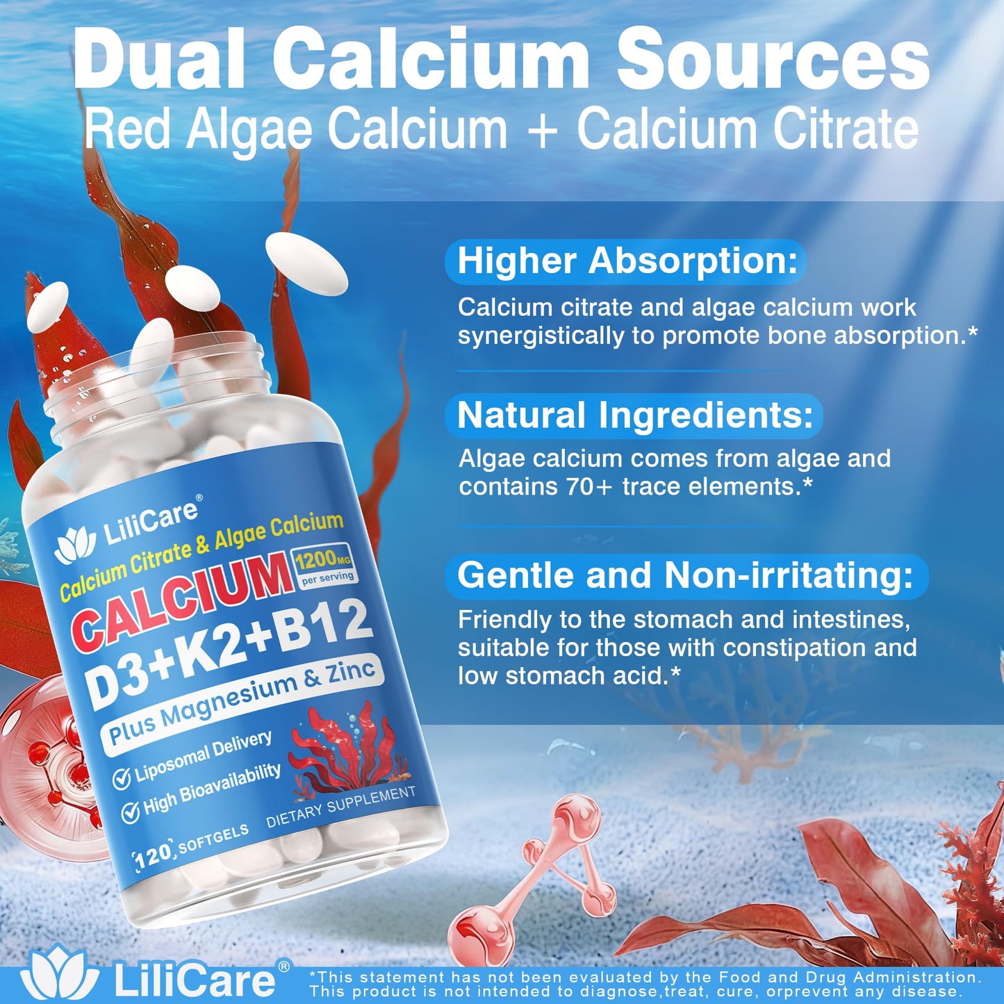 Calcium 1200 mg with Vitamin D3 K2 5000 IU Softgels Supplement for Women Men - Liposomal Calcium Citrate & Algae Calcium Magnesium Zinc + D3 K2 B12, Plant-Based Vegan Vitamin D, Boron for Bone,120ct