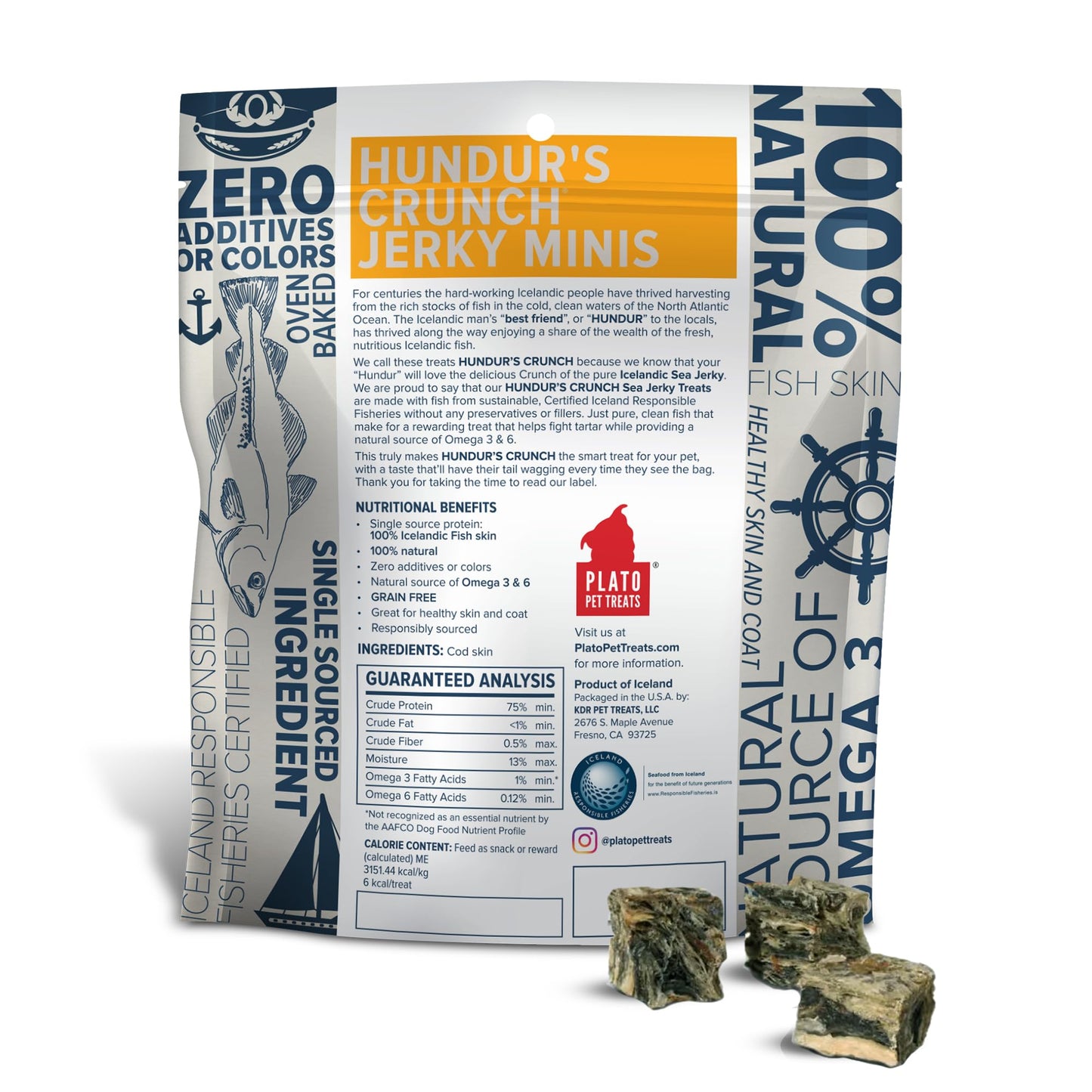 Plato Single Ingredient Wild-Caught Cod Skin Bites Dog Treats, Air-Dried Omega-Rich Skin & Coat Support, 10 oz