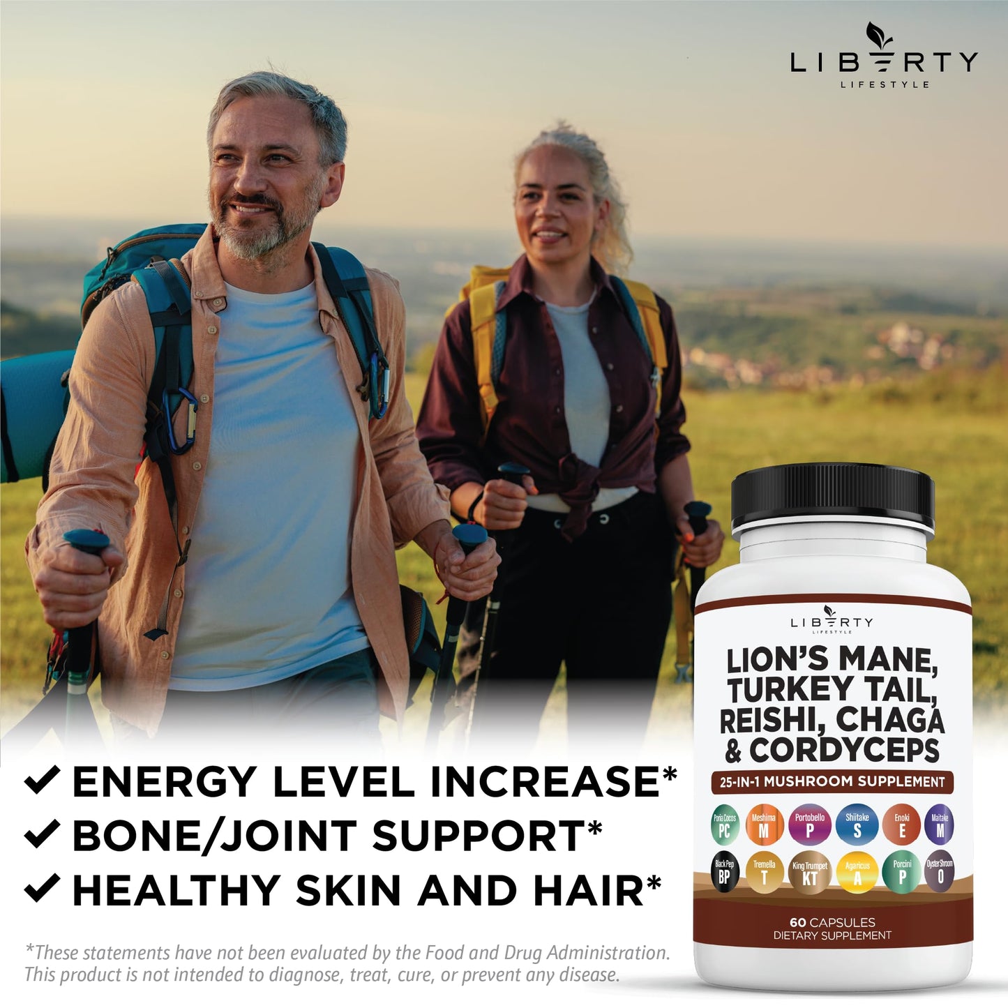 Liberty Lifestyle Lions Mane Mushroom Supplement with Turkey Tail Reishi Cordyceps Chaga with Marshmallow Root - 2-Pack
