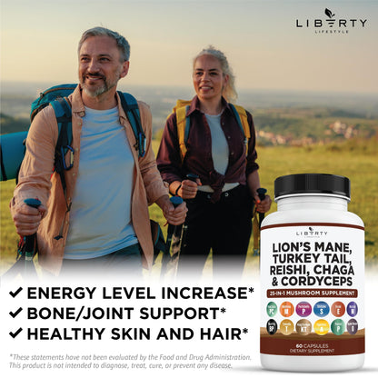 Liberty Lifestyle Lions Mane Mushroom Supplement with Turkey Tail Reishi Cordyceps Chaga with Marshmallow Root - 2-Pack