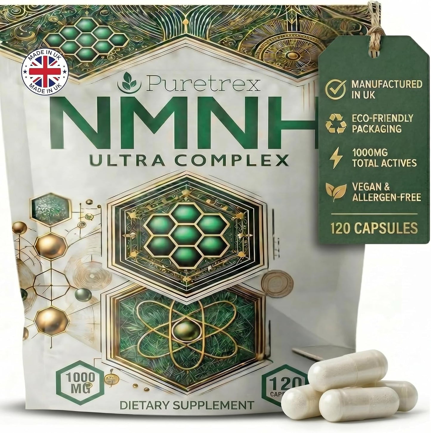 NMNH Ultra Complex 1000mg, NMNH Supplement with Trans-Resveratrol, Quercetin, CoQ10, ALA, TMG, Pterostilbene, Fisetin & BioPerine, 120 Vegan Capsules, Made in UK