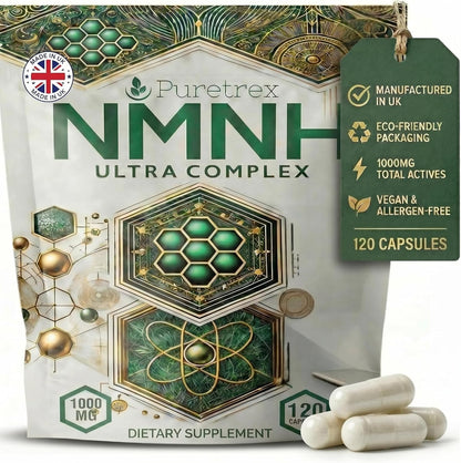 NMNH Ultra Complex 1000mg, NMNH Supplement with Trans-Resveratrol, Quercetin, CoQ10, ALA, TMG, Pterostilbene, Fisetin & BioPerine, 120 Vegan Capsules, Made in UK