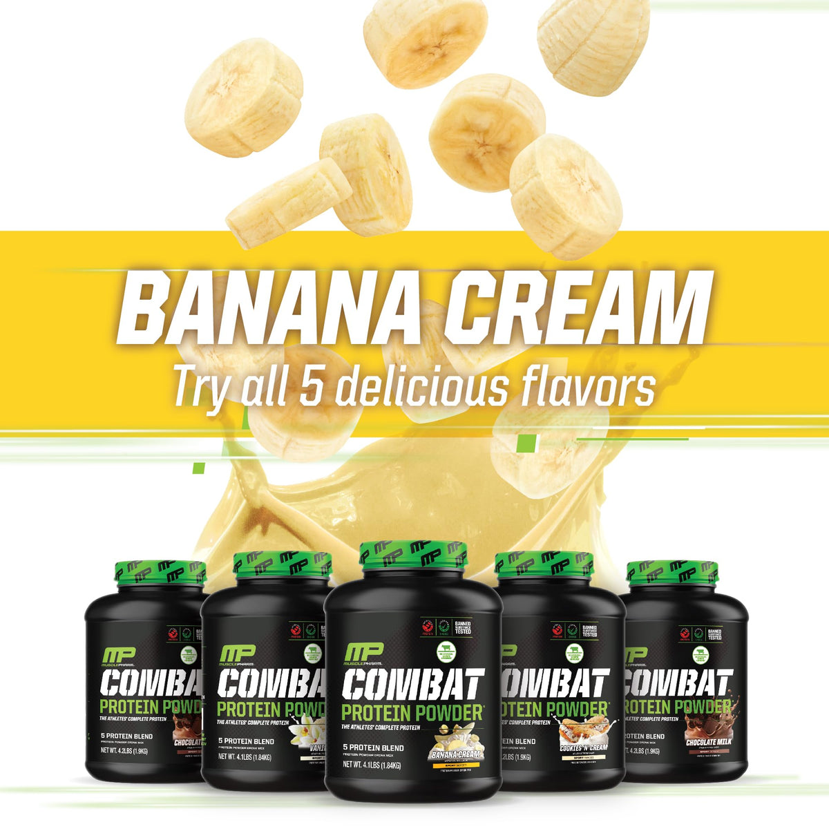 MusclePharm Combat Protein Powder, Banana Cream - 4 lb - Gluten Free - 52 Servings