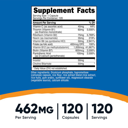 Nutricost High Potency Vitamin B Complex 462mg, 120 Capsules - with Vitamin C - Energy Complex