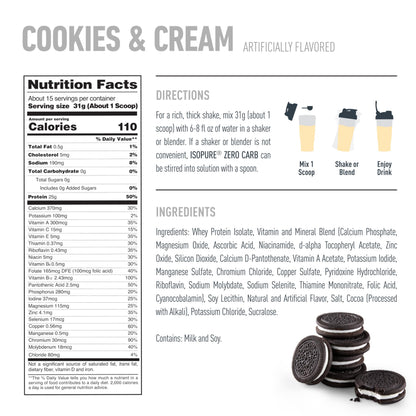 Isopure Zero Carb 100% Pure Whey Isolate Protein Powder, Gluten Free, With Vitamins, Cookies & Cream, 25g Protein Per Serving, 1 Lb, 15 Servings (Packaging May Vary)