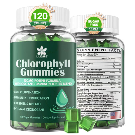 Chlorophyll Gummies - Super Green with Wheat Grass, Sea Moss, Unfiltered ACV & Elderberry, Echinacea, Zinc Complex & Vitamin D3, C, E, B12 for Natural Deodorant, Immune & Digestion Support, 60 Chews