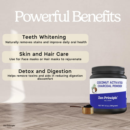 Zen Principle Coconut Activated Charcoal Powder. Whitens Teeth, Rejuvenates Skin and Hair, Supports Better Digestion. USA-Owned Producers, 2.5 lb