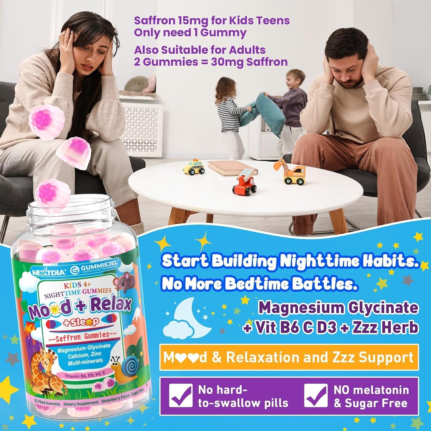 Kids 4+ Magnesium + Saffron Sleep Gummies, Relax Happy Filled Gummy, Bedtime Calcium Zinc, Mineral + Multivitamin Gummies, Melatonin Free | Vitamin D3 K2 | Bone, Only Need 1 Gummy - Sweet Dream Magic