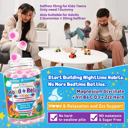 Kids 4+ Magnesium + Saffron Sleep Gummies, Relax Happy Filled Gummy, Bedtime Calcium Zinc, Mineral + Multivitamin Gummies, Melatonin Free | Vitamin D3 K2 | Bone, Only Need 1 Gummy - Sweet Dream Magic