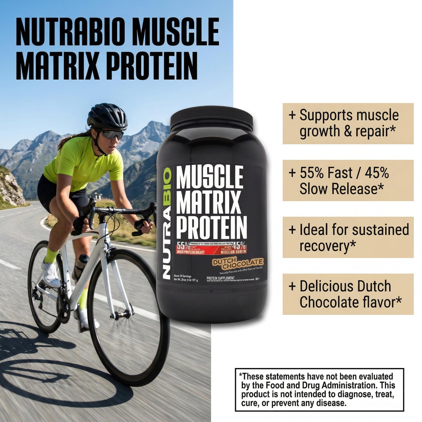 NutraBio Muscle Matrix Protein Powder - 25g of Protein Per Scoop - Whey Isolate and Micellar Casein Combo for Fast and Slow Release - Dutch Chocolate - 2 Pounds, 28 Servings