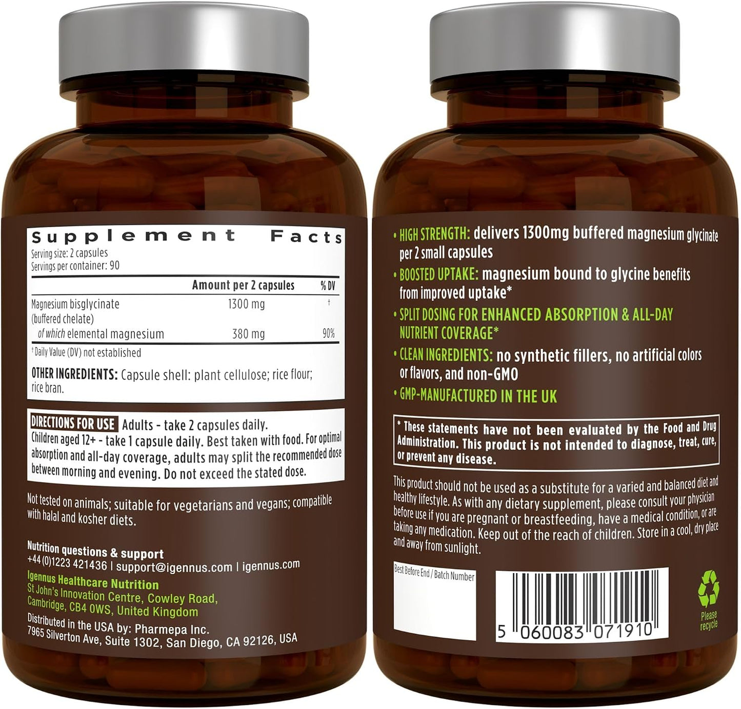 Igennus Highest Strength Fast-Acting Chelated Magnesium Glycinate 1300mg, 380mg Elemental, 90 Servings, Pure & Clean Buffered Magnesium Bisglycinate, Vegan, 180 Capsules