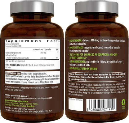 Igennus Highest Strength Fast-Acting Chelated Magnesium Glycinate 1300mg, 380mg Elemental, 90 Servings, Pure & Clean Buffered Magnesium Bisglycinate, Vegan, 180 Capsules
